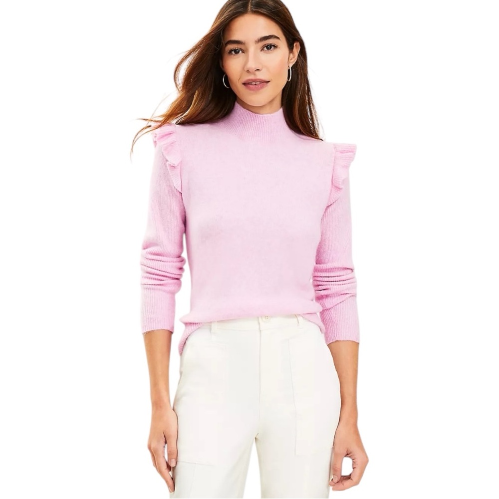 LOFT Pink Ruffle Shoulder Mock Neck Pullover Sweater Size Large EUC